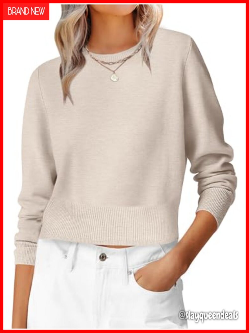 Women's Cropped Crew Neck Long Sleeve Ribbed Knit Sweater Pullover
